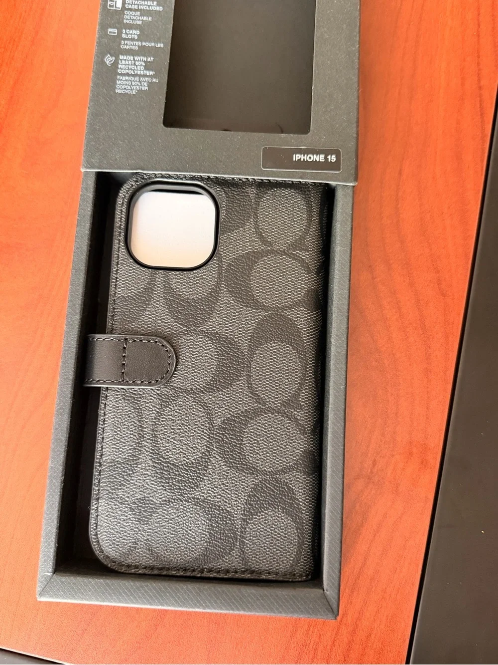 COACH Black Signature Folio Case for iPhone 15 with Detachable Inner Case
